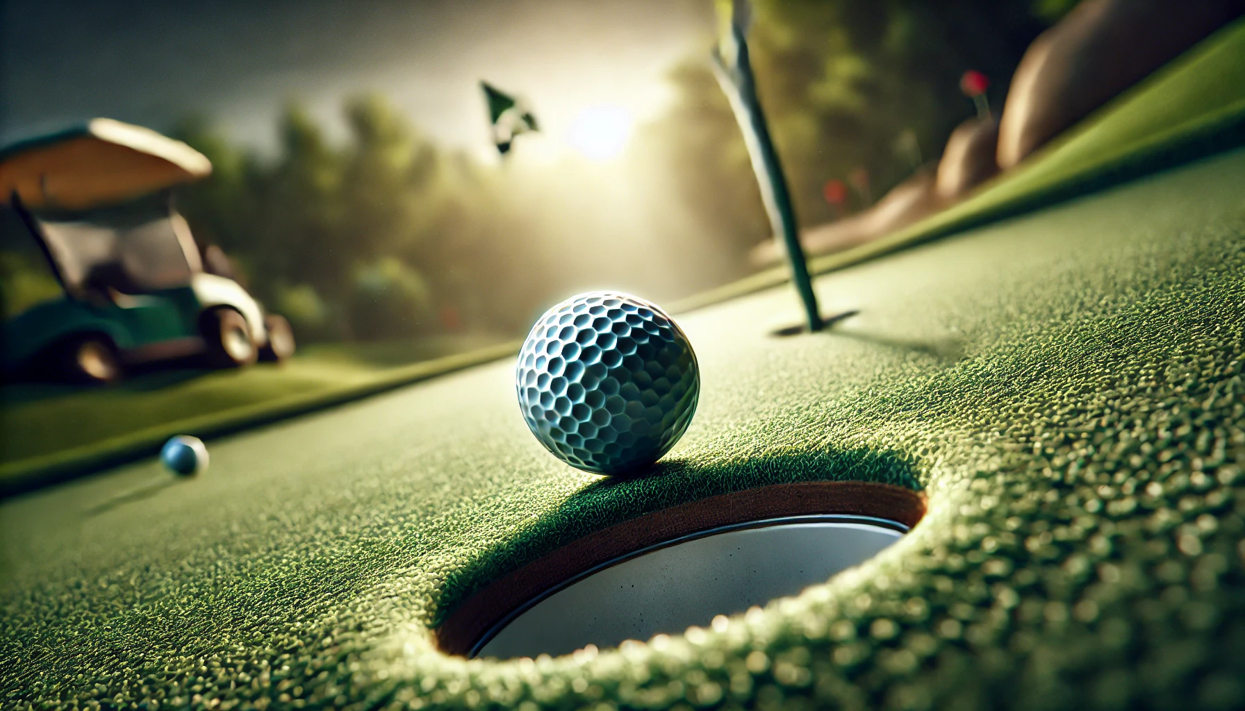 A high-definition, close-up image from behind an adventure golf ball rolling towards the hole on a putting green. The scene should capture the motion