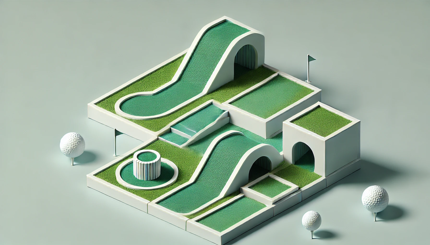 DALL·E 2025-01-15 09.27.56 - A simple and clean modular mini golf course with three interconnected modules. Each module has basic obstacles such as a curved ramp, a small tunnel,